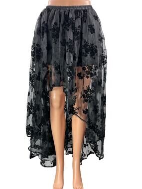 Women's Black High Waisted Floral Asymmetrical Hem Lace Mesh Hi-Low Maxi Skirt S